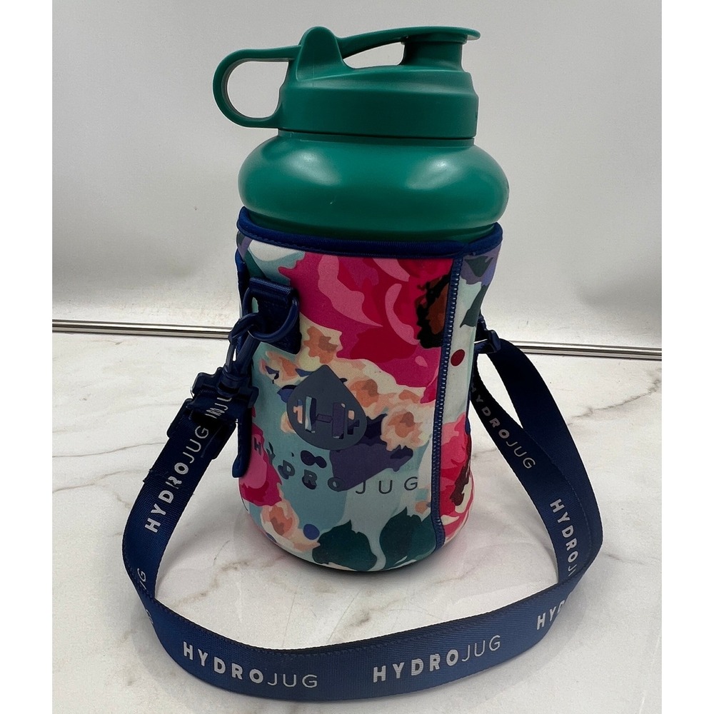 HydroJug Teal Half Gallon Water Bottle with Floral Neoprene Sleeve and Strap